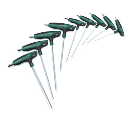 SATA 09118 9-piece T-handle hex key set, metric 2-10mm. SVCM+ steel, ergonomic dual-grip handle, mirror polished finish.