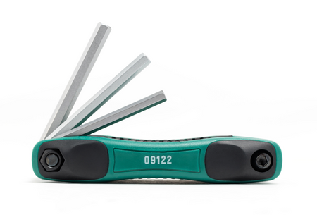 SATA 09122 9-piece folding hex key set, SAE 1/4"-5/32". Cr-V steel, ergonomic handle, compact folding design.