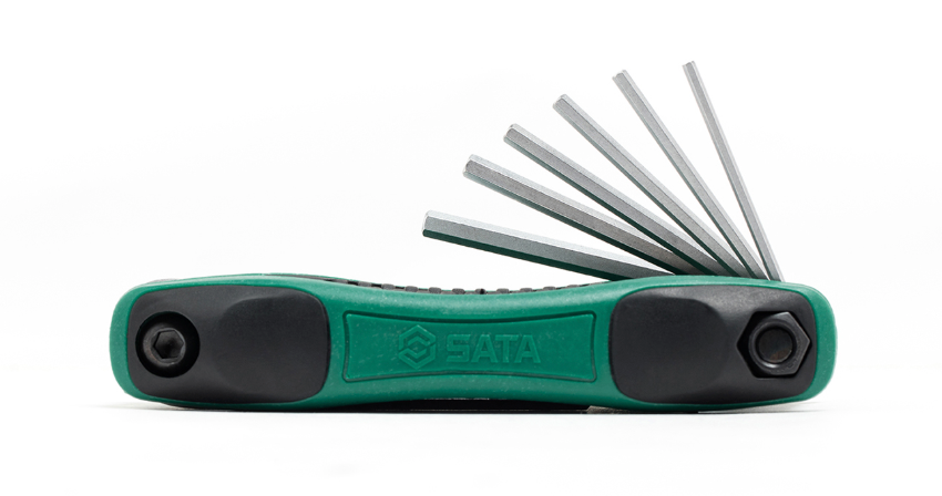 SATA 09122 9-piece folding hex key set, SAE 1/4"-5/32". Cr-V steel, ergonomic handle, compact folding design.