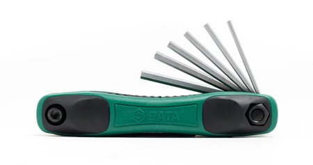 SATA 09122 9-piece folding hex key set, SAE 1/4"-5/32". Cr-V steel, ergonomic handle, compact folding design.