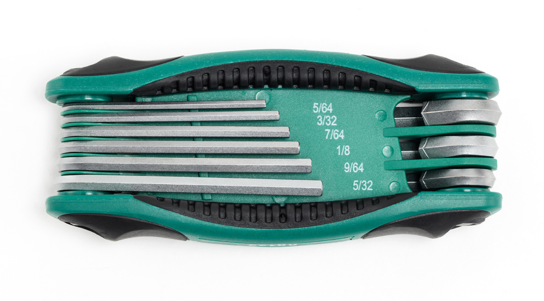 SATA 09122 9-piece folding hex key set, SAE 1/4"-5/32". Cr-V steel, ergonomic handle, compact folding design.