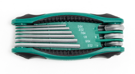 SATA 09122 9-piece folding hex key set, SAE 1/4"-5/32". Cr-V steel, ergonomic handle, compact folding design.