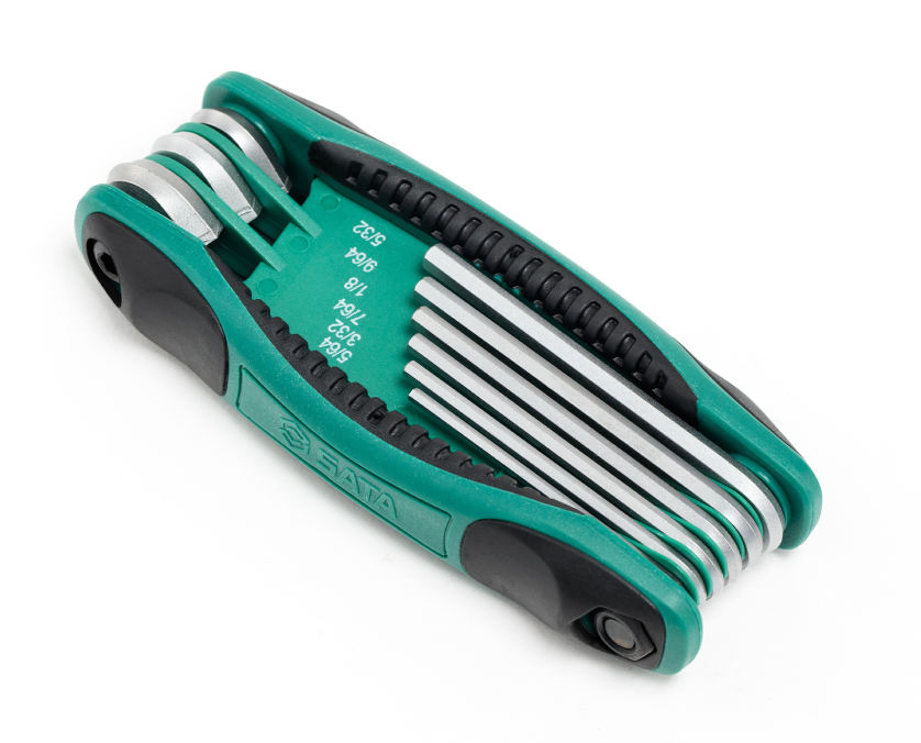 SATA 09122 9-piece folding hex key set, SAE 1/4"-5/32". Cr-V steel, ergonomic handle, compact folding design.