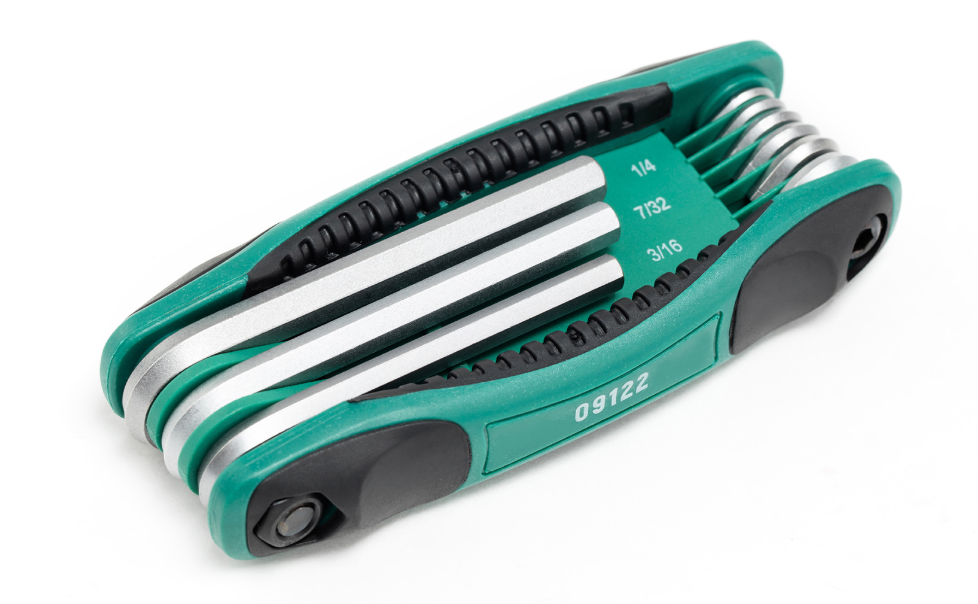 SATA 09122 9-piece folding hex key set, SAE 1/4"-5/32". Cr-V steel, ergonomic handle, compact folding design.