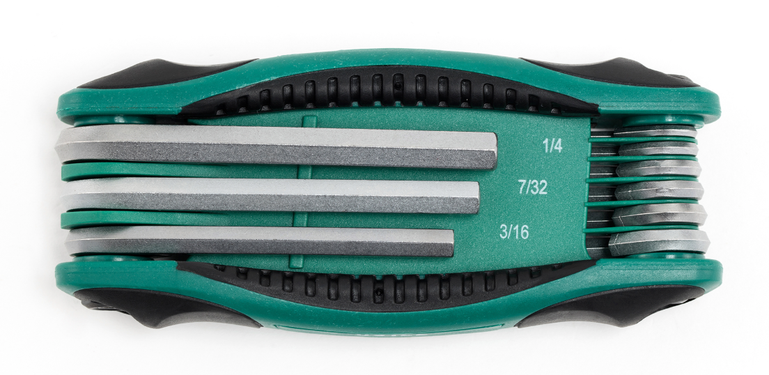SATA 09122 9-piece folding hex key set, SAE 1/4"-5/32". Cr-V steel, ergonomic handle, compact folding design.