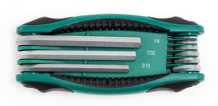 SATA 09122 9-piece folding hex key set, SAE 1/4"-5/32". Cr-V steel, ergonomic handle, compact folding design.