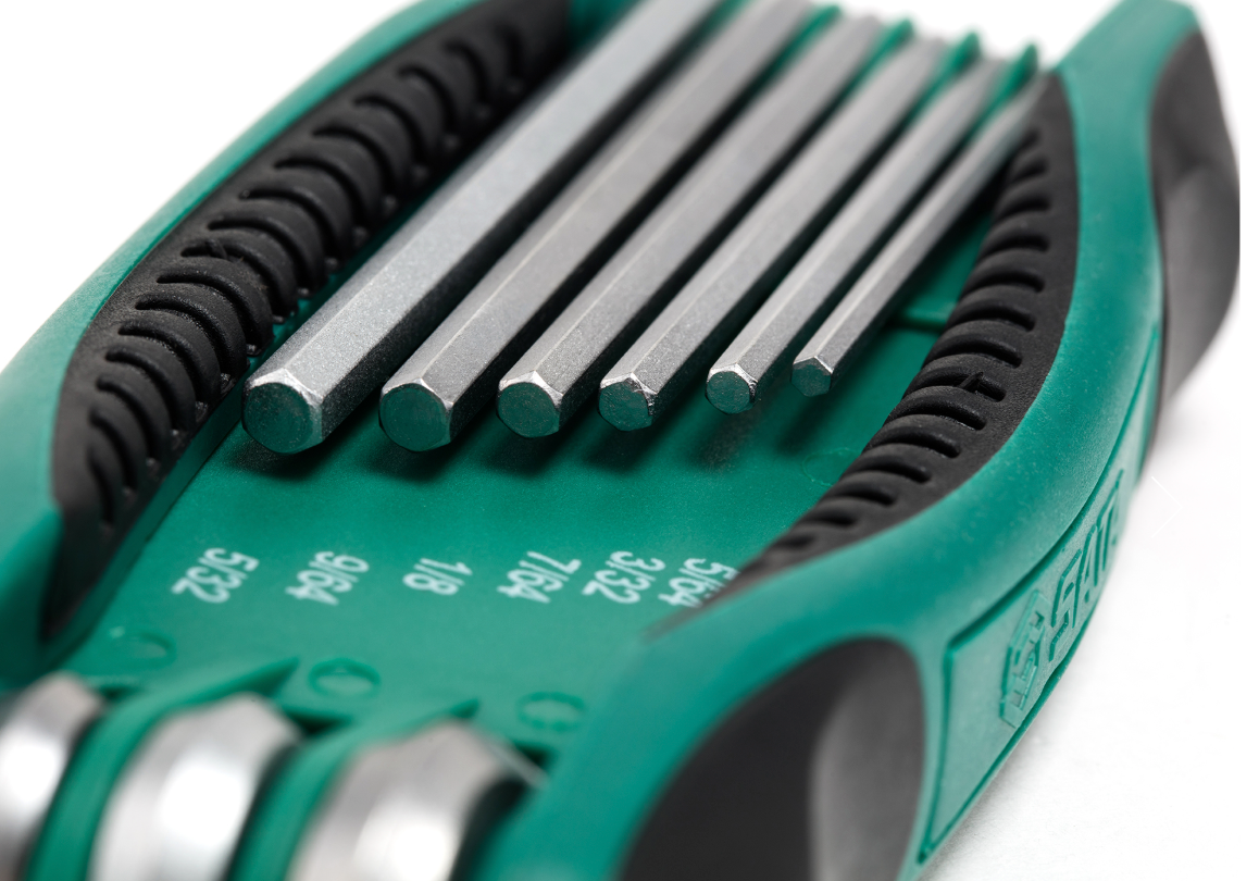 SATA 09122 9-piece folding hex key set, SAE 1/4"-5/32". Cr-V steel, ergonomic handle, compact folding design.