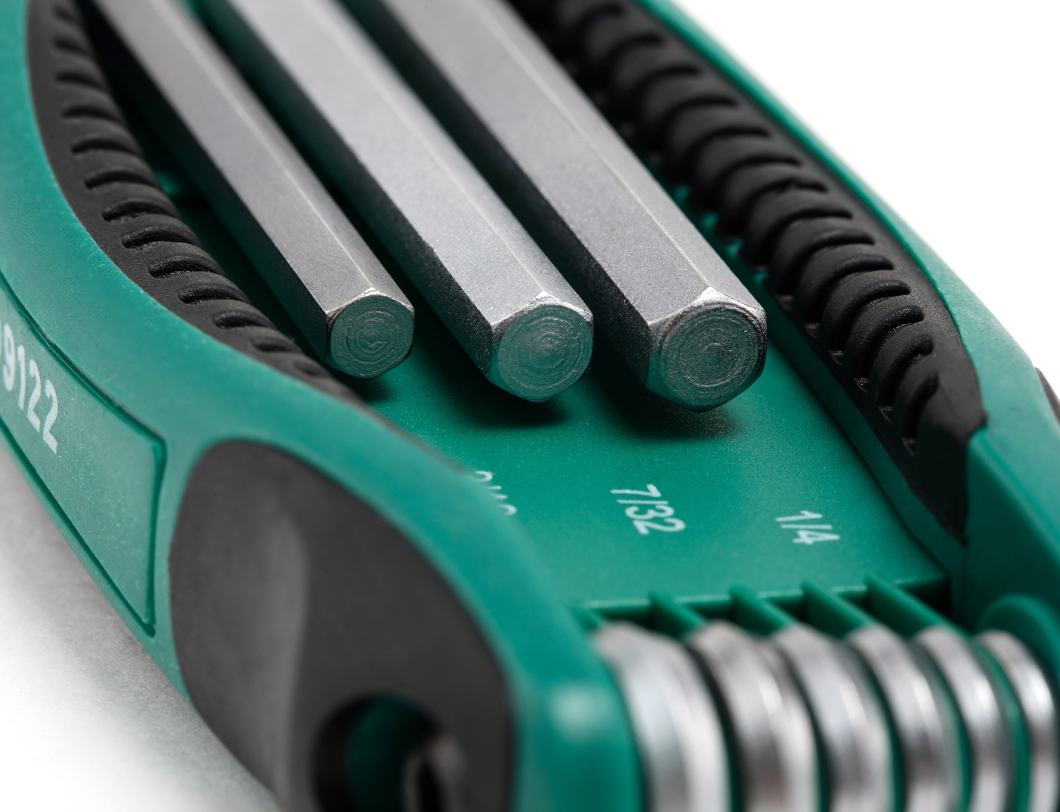 SATA 09122 9-piece folding hex key set, SAE 1/4"-5/32". Cr-V steel, ergonomic handle, compact folding design.