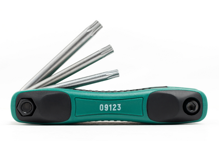 SATA 09123 8-piece folding tamper-proof Torx® key set, TT9-TT40. Cr-V steel, ergonomic handle, compact folding design.