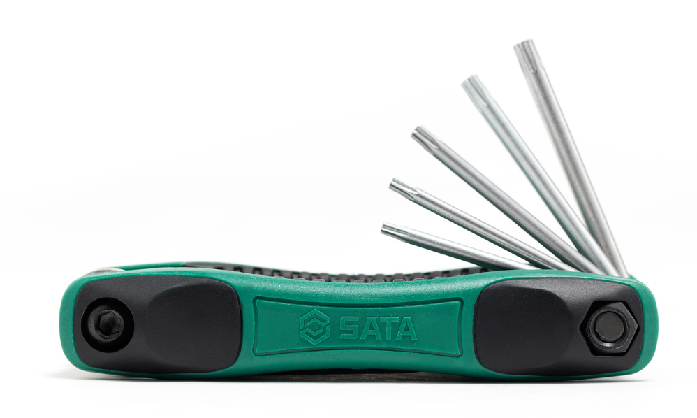 SATA 09123 8-piece folding tamper-proof Torx® key set, TT9-TT40. Cr-V steel, ergonomic handle, compact folding design.