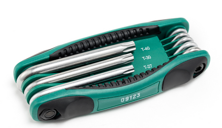 SATA 09123 8-piece folding tamper-proof Torx® key set, TT9-TT40. Cr-V steel, ergonomic handle, compact folding design.