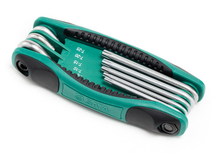 SATA 09123 8-piece folding tamper-proof Torx® key set, TT9-TT40. Cr-V steel, ergonomic handle, compact folding design.