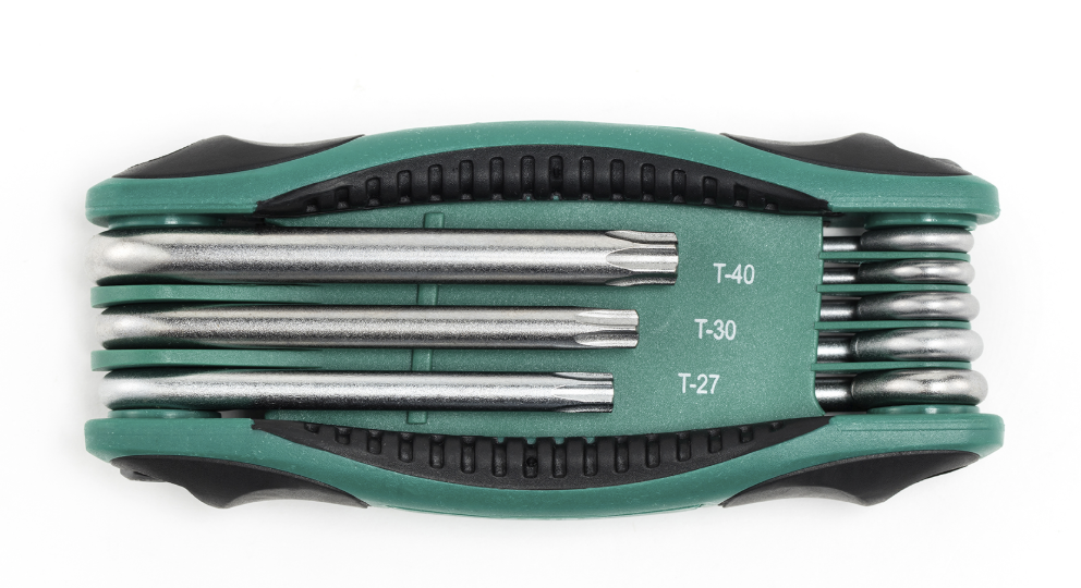 SATA 09123 8-piece folding tamper-proof Torx® key set, TT9-TT40. Cr-V steel, ergonomic handle, compact folding design.