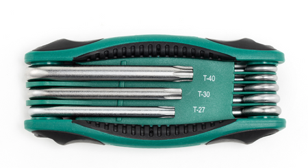 SATA 09123 8-piece folding tamper-proof Torx® key set, TT9-TT40. Cr-V steel, ergonomic handle, compact folding design.