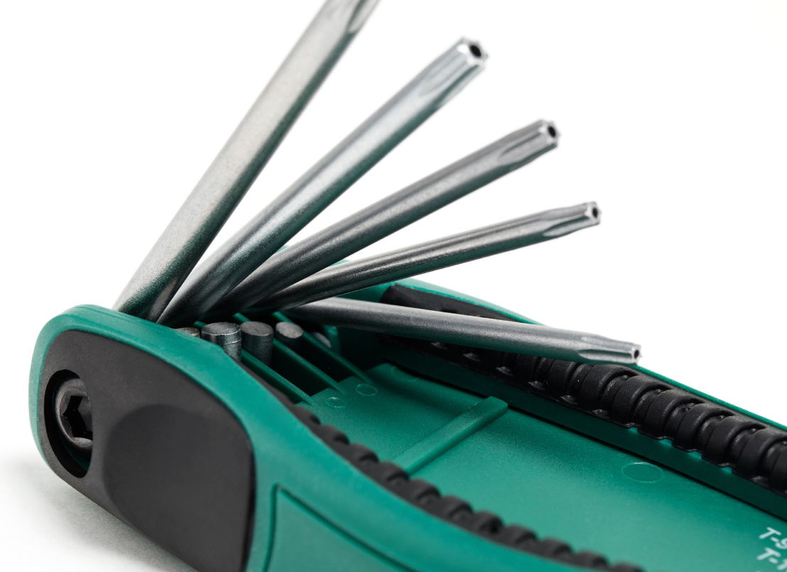 SATA 09123 8-piece folding tamper-proof Torx® key set, TT9-TT40. Cr-V steel, ergonomic handle, compact folding design.