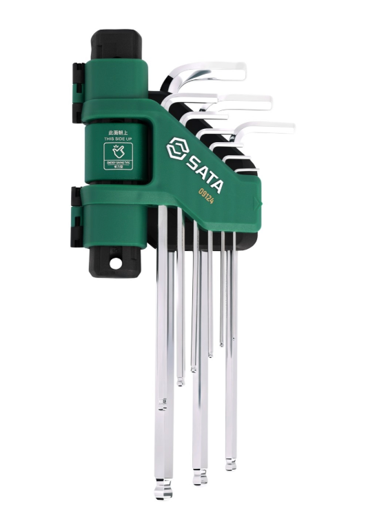 SATA 09124 9-piece extra long ball point hex key set with torque extension handle, metric 1.5-10mm. SVCM+ steel, chrome finish.