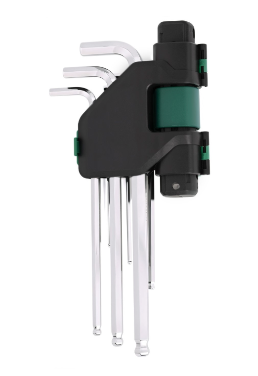 SATA 09124 9-piece extra long ball point hex key set with torque extension handle, metric 1.5-10mm. SVCM+ steel, chrome finish.