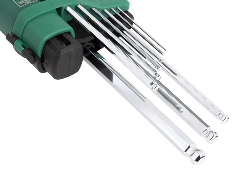 SATA 09124 9-piece extra long ball point hex key set with torque extension handle, metric 1.5-10mm. SVCM+ steel, chrome finish.
