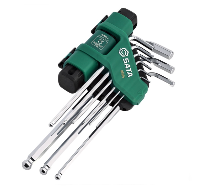 SATA 09124 9-piece extra long ball point hex key set with torque extension handle, metric 1.5-10mm. SVCM+ steel, chrome finish.