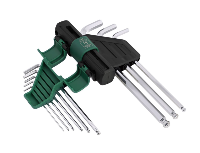 SATA 09124 9-piece extra long ball point hex key set with torque extension handle, metric 1.5-10mm. SVCM+ steel, chrome finish.