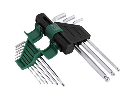 SATA 09124 9-piece extra long ball point hex key set with torque extension handle, metric 1.5-10mm. SVCM+ steel, chrome finish.