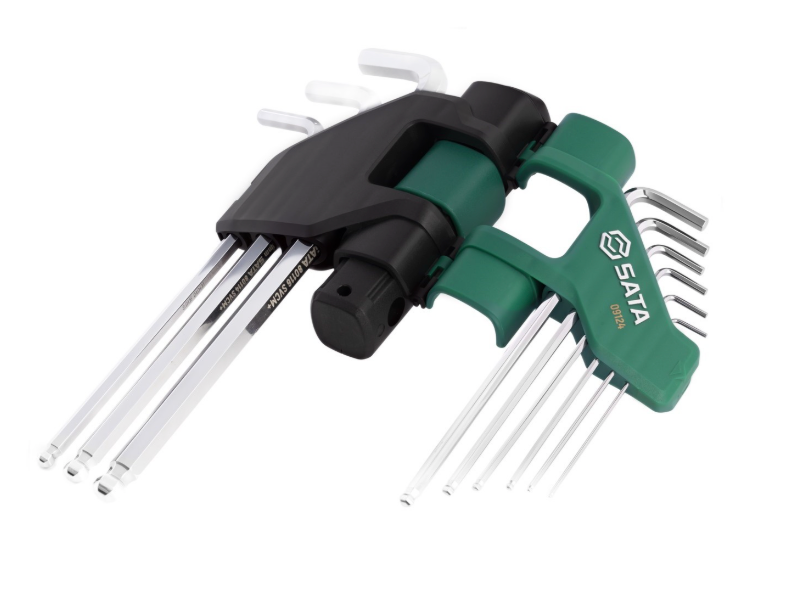 SATA 09124 9-piece extra long ball point hex key set with torque extension handle, metric 1.5-10mm. SVCM+ steel, chrome finish.