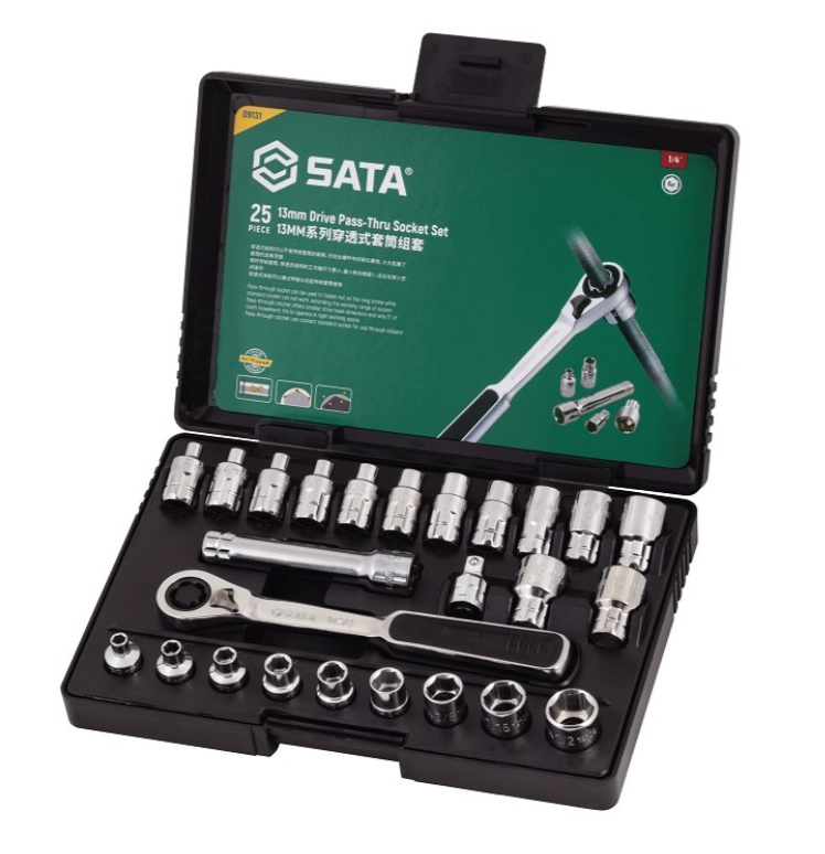 SATA 09131 25-piece 13mm drive pass-thru ratchet socket set, metric & SAE sizes. Fastens nuts on long screws with ease.
