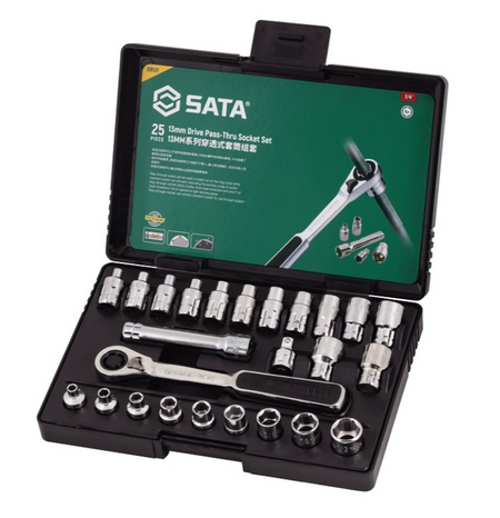 SATA 09131 25-piece 13mm drive pass-thru ratchet socket set, metric & SAE sizes. Fastens nuts on long screws with ease.
