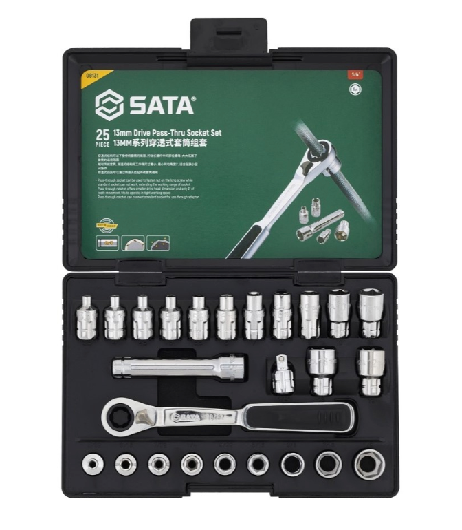 SATA 09131 25-piece 13mm drive pass-thru ratchet socket set, metric & SAE sizes. Fastens nuts on long screws with ease.