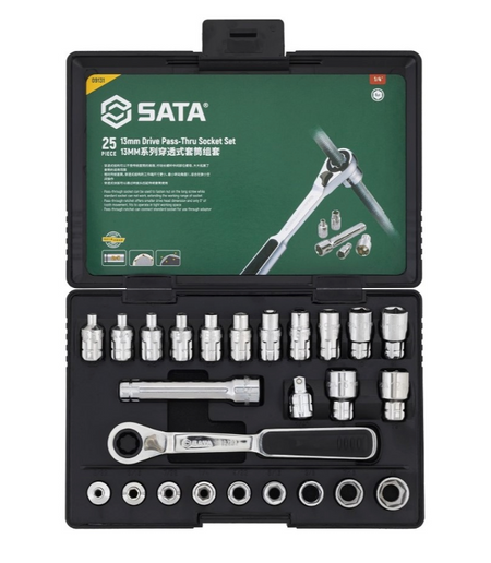 SATA 09131 25-piece 13mm drive pass-thru ratchet socket set, metric & SAE sizes. Fastens nuts on long screws with ease.