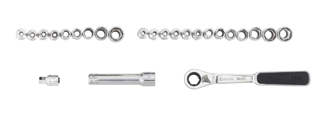 SATA 09131 25-piece 13mm drive pass-thru ratchet socket set, metric & SAE sizes. Fastens nuts on long screws with ease.