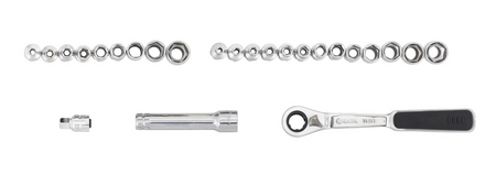 SATA 09131 25-piece 13mm drive pass-thru ratchet socket set, metric & SAE sizes. Fastens nuts on long screws with ease.