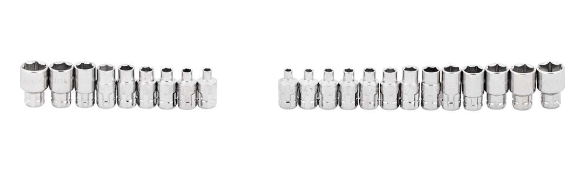 SATA 09131 25-piece 13mm drive pass-thru ratchet socket set, metric & SAE sizes. Fastens nuts on long screws with ease.