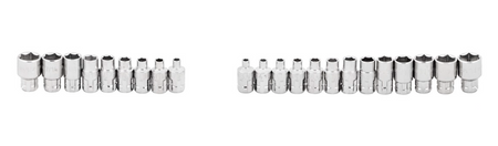 SATA 09131 25-piece 13mm drive pass-thru ratchet socket set, metric & SAE sizes. Fastens nuts on long screws with ease.