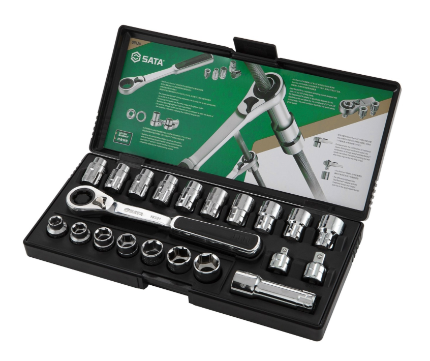 SATA 09134 21-piece 20mm drive pass-thru ratchet socket set, metric & SAE sizes. Fastens nuts on long screws with ease.