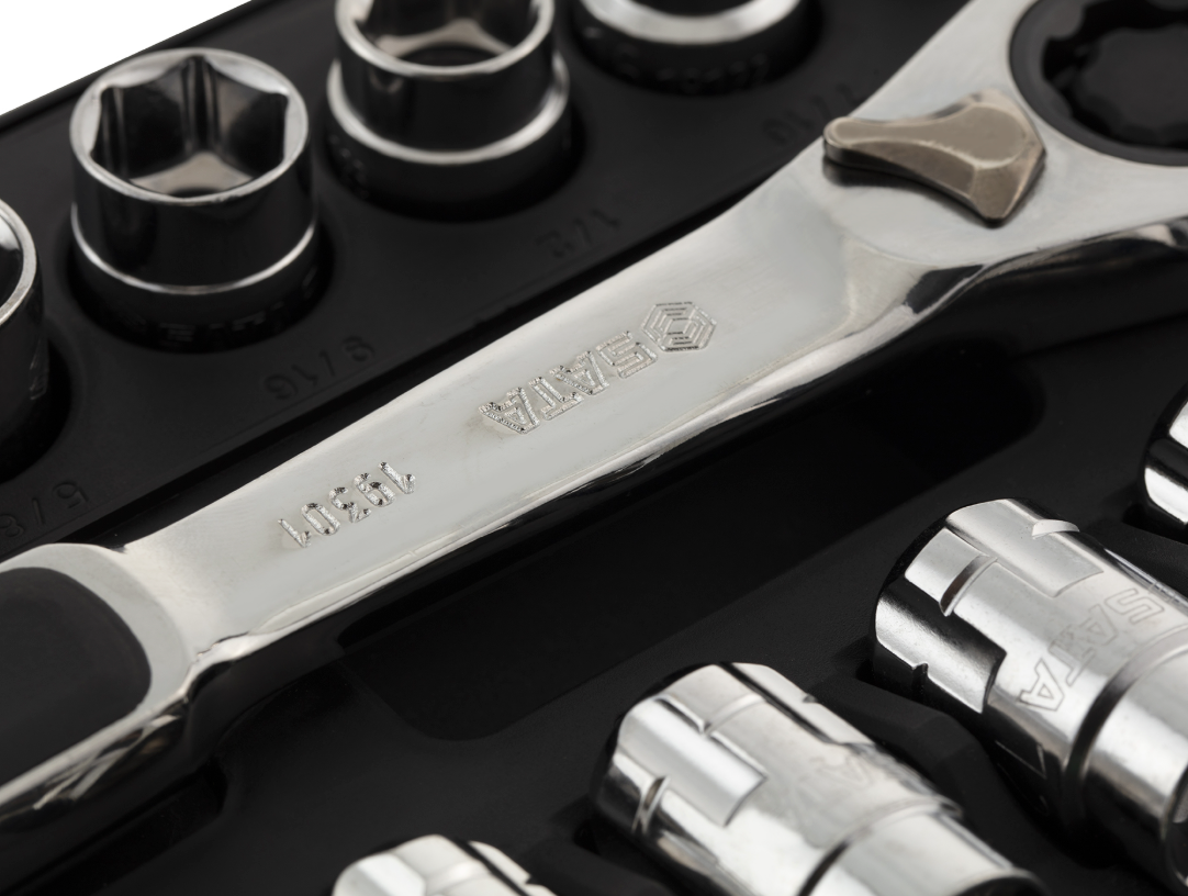 SATA 09134 21-piece 20mm drive pass-thru ratchet socket set, metric & SAE sizes. Fastens nuts on long screws with ease.