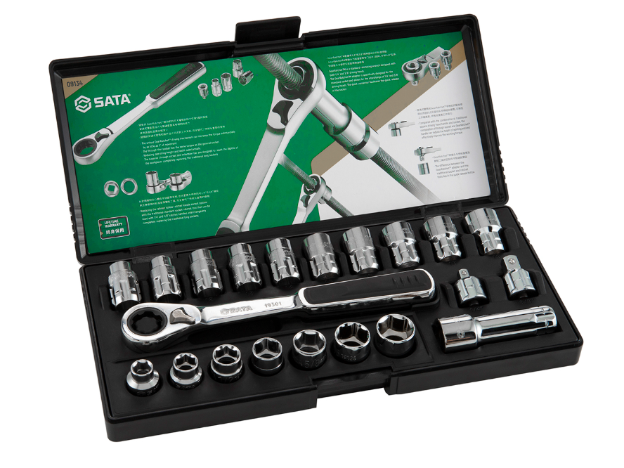 SATA 09134 21-piece 20mm drive pass-thru ratchet socket set, metric & SAE sizes. Fastens nuts on long screws with ease.