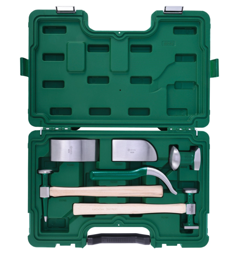 SATA 09152 6-piece auto body repair tool set with dollies, bumping spoon & shrinking hammers for panel repair work.
