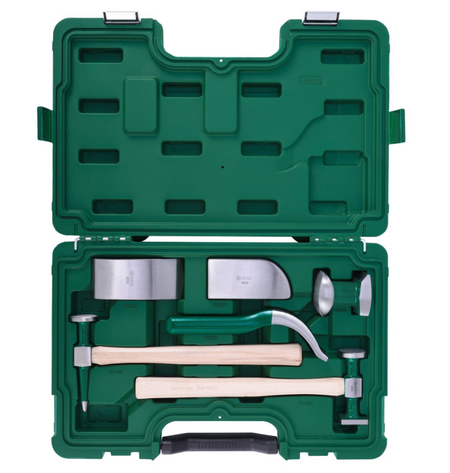 SATA 09152 6-piece auto body repair tool set with dollies, bumping spoon & shrinking hammers for panel repair work.