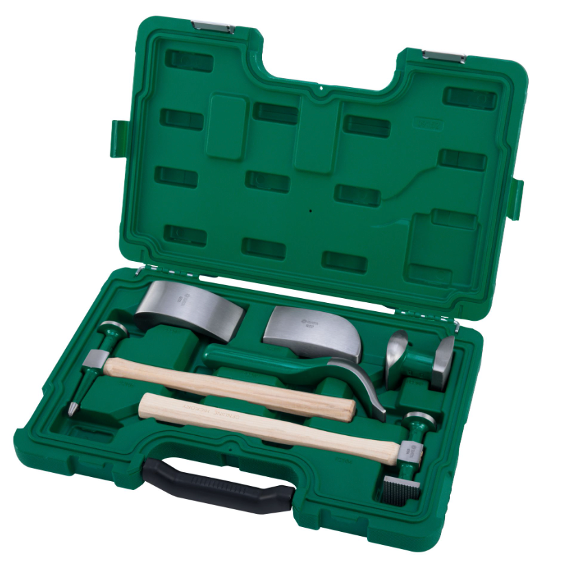 SATA 09152 6-piece auto body repair tool set with dollies, bumping spoon & shrinking hammers for panel repair work.