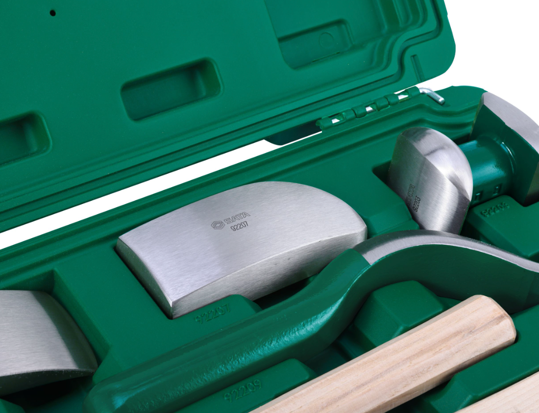 SATA 09152 6-piece auto body repair tool set with dollies, bumping spoon & shrinking hammers for panel repair work.
