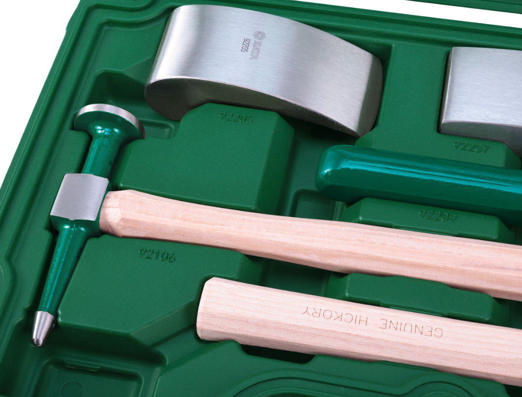 SATA 09152 6-piece auto body repair tool set with dollies, bumping spoon & shrinking hammers for panel repair work.