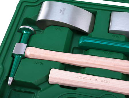 SATA 09152 6-piece auto body repair tool set with dollies, bumping spoon & shrinking hammers for panel repair work.