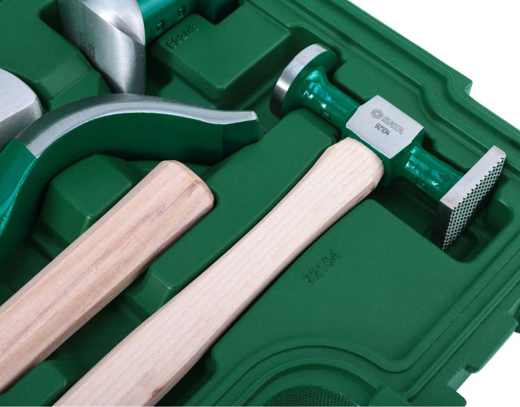 SATA 09152 6-piece auto body repair tool set with dollies, bumping spoon & shrinking hammers for panel repair work.