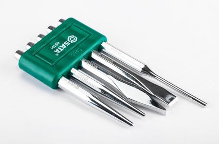 SATA 09161 5-piece punch set with center, taper & pin punches plus cape & cold chisels. 60Cr-V steel, chrome finish.