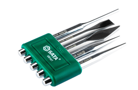 SATA 09161 5-piece punch set with center, taper & pin punches plus cape & cold chisels. 60Cr-V steel, chrome finish.
