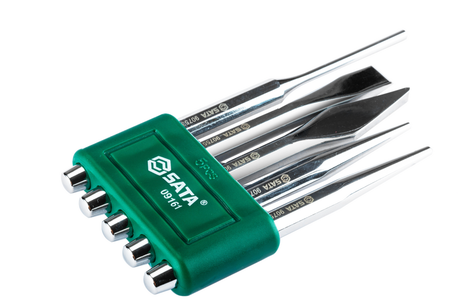 SATA 09161 5-piece punch set with center, taper & pin punches plus cape & cold chisels. 60Cr-V steel, chrome finish.