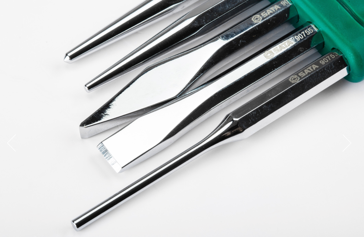 SATA 09161 5-piece punch set with center, taper & pin punches plus cape & cold chisels. 60Cr-V steel, chrome finish.