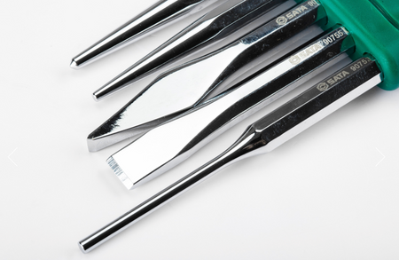SATA 09161 5-piece punch set with center, taper & pin punches plus cape & cold chisels. 60Cr-V steel, chrome finish.