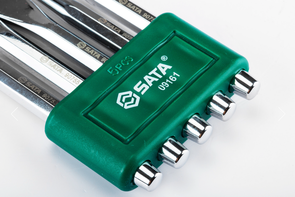 SATA 09161 5-piece punch set with center, taper & pin punches plus cape & cold chisels. 60Cr-V steel, chrome finish.
